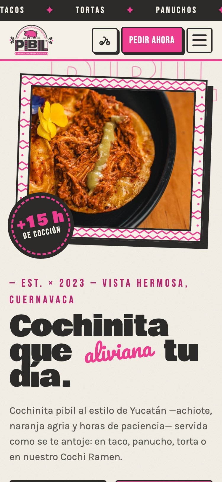 Sitio de Pibil, cochinita yucateca, en celular