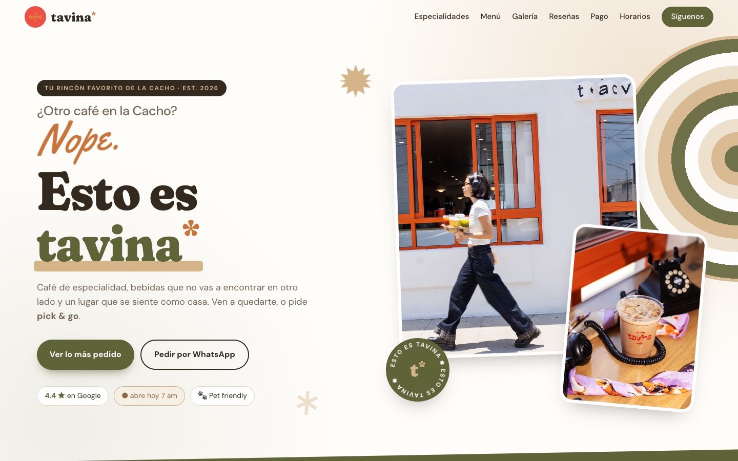 Inicio del sitio de Tavina Café en escritorio